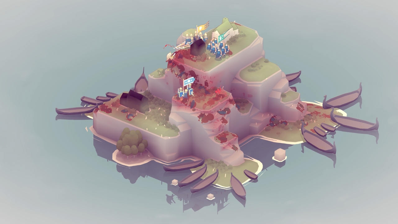 Stylized isometric illustration of a small island with cliffs, boats, trees, and tiny soldier figures, pastel pink and green tones